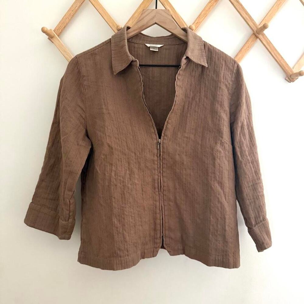 Mocha textured zip front linen blend collared blouse Minimalist